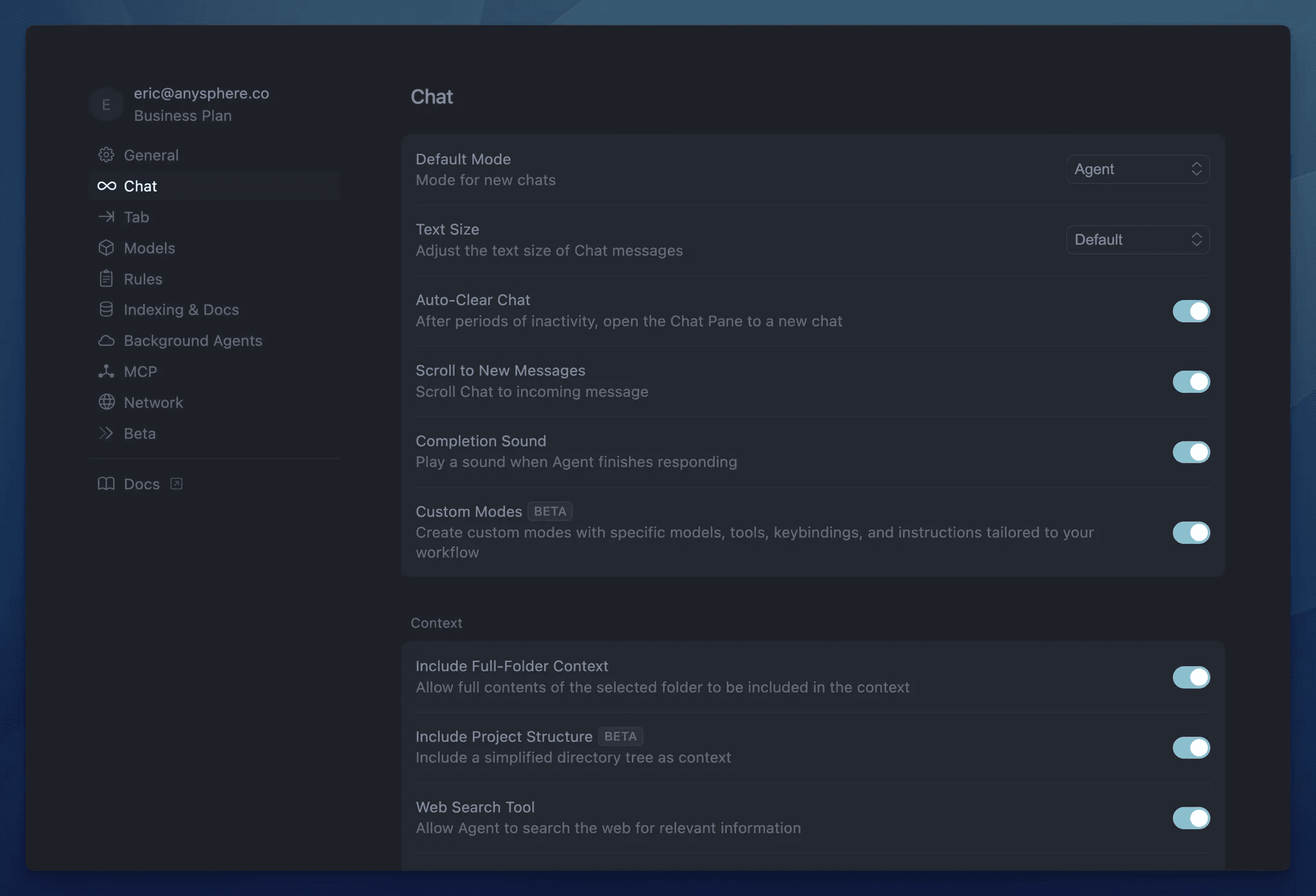 Settings in Cursor