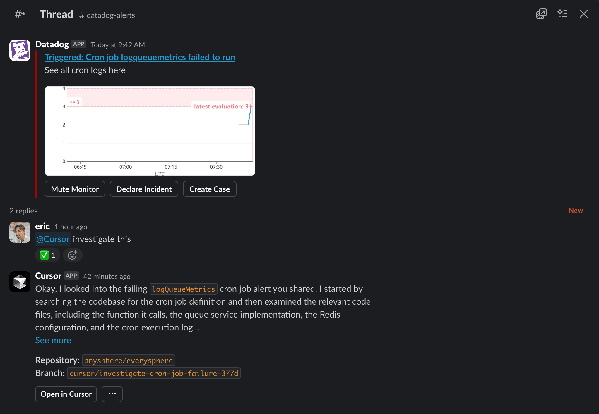 Cursor agent investigating in Slack