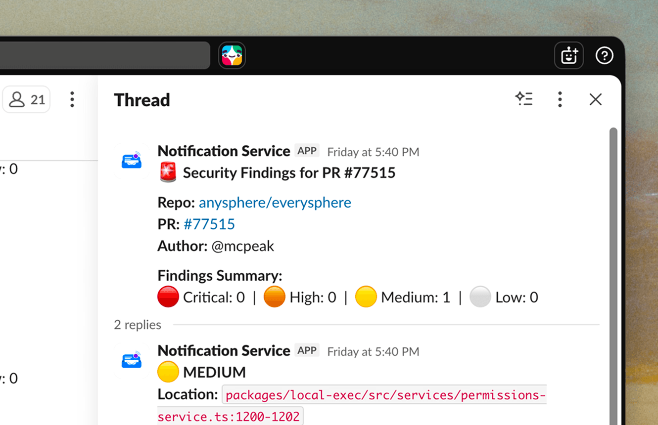 Slack channel showing security findings from Agentic Security Review